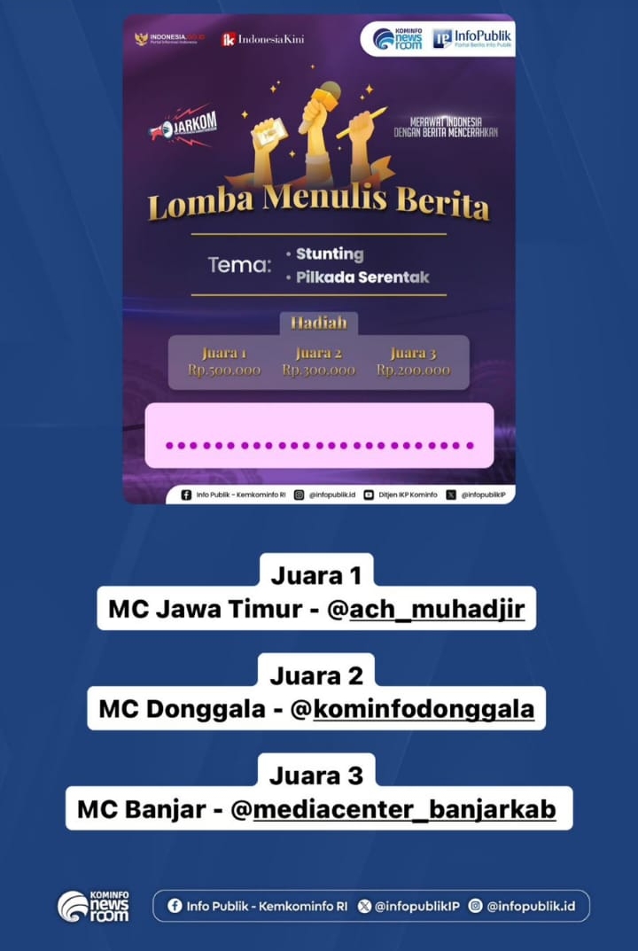 Diskominfo Jatim Juara Satu Lomba Menulis Berita yang Digelar Jarkom Ditjen IKP Kominfo