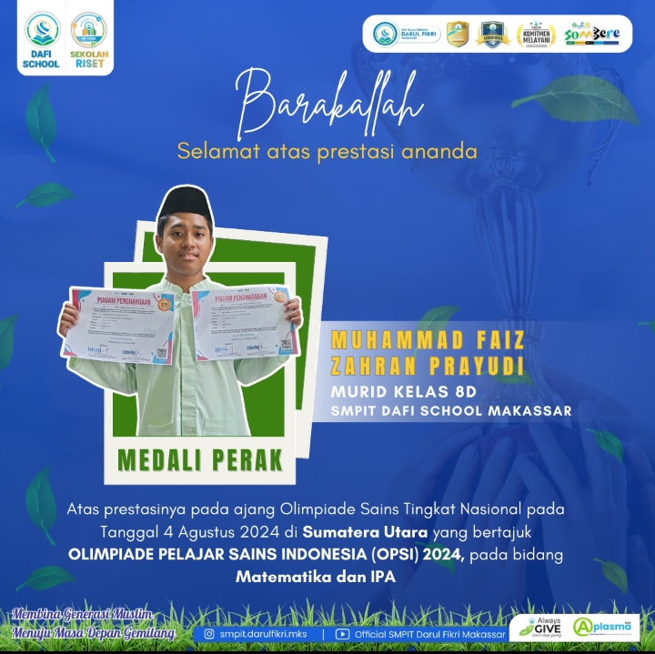 Murid SMPIT Darul Fikri Makassar Raih Medali Perak di Olimpiade Sains Tingkat Nasional