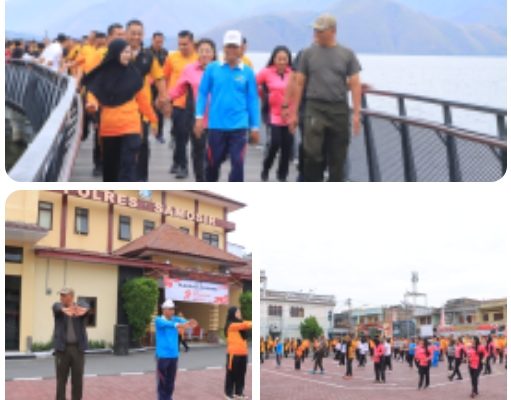 Polres Samosir Gelar Olahraga dan Senam Bersama Forkopimda, OPD dan Instansi Sambut Hari Bhayangkara ke-79